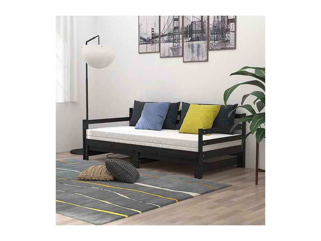 Lit coulissant Noir Bois de pin massif 2x(90x200) cm