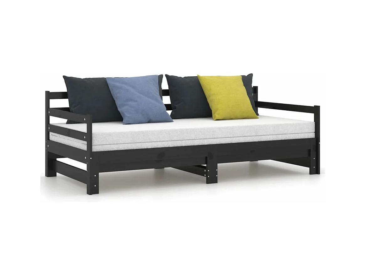 Lit coulissant Noir Bois de pin massif 2x(90x200) cm