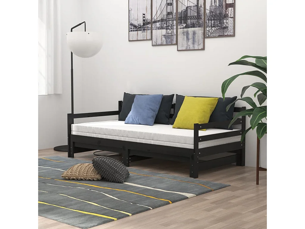 Estrutura sofá-cama de puxar 2x(90x200) cm pinho maciço preto