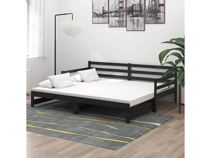 Sofá cama extraíble madera maciza de pino negro 2x(90x200) cm