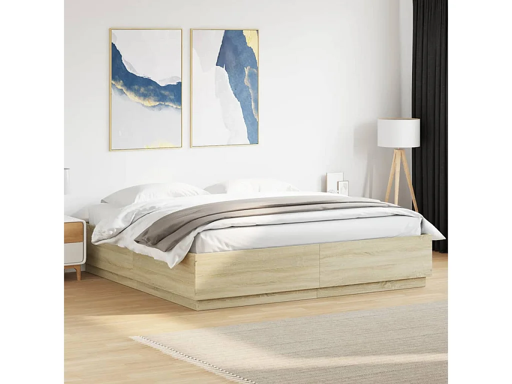 Estrutura cama c/ luzes LED derivados madeira carvalho sonoma