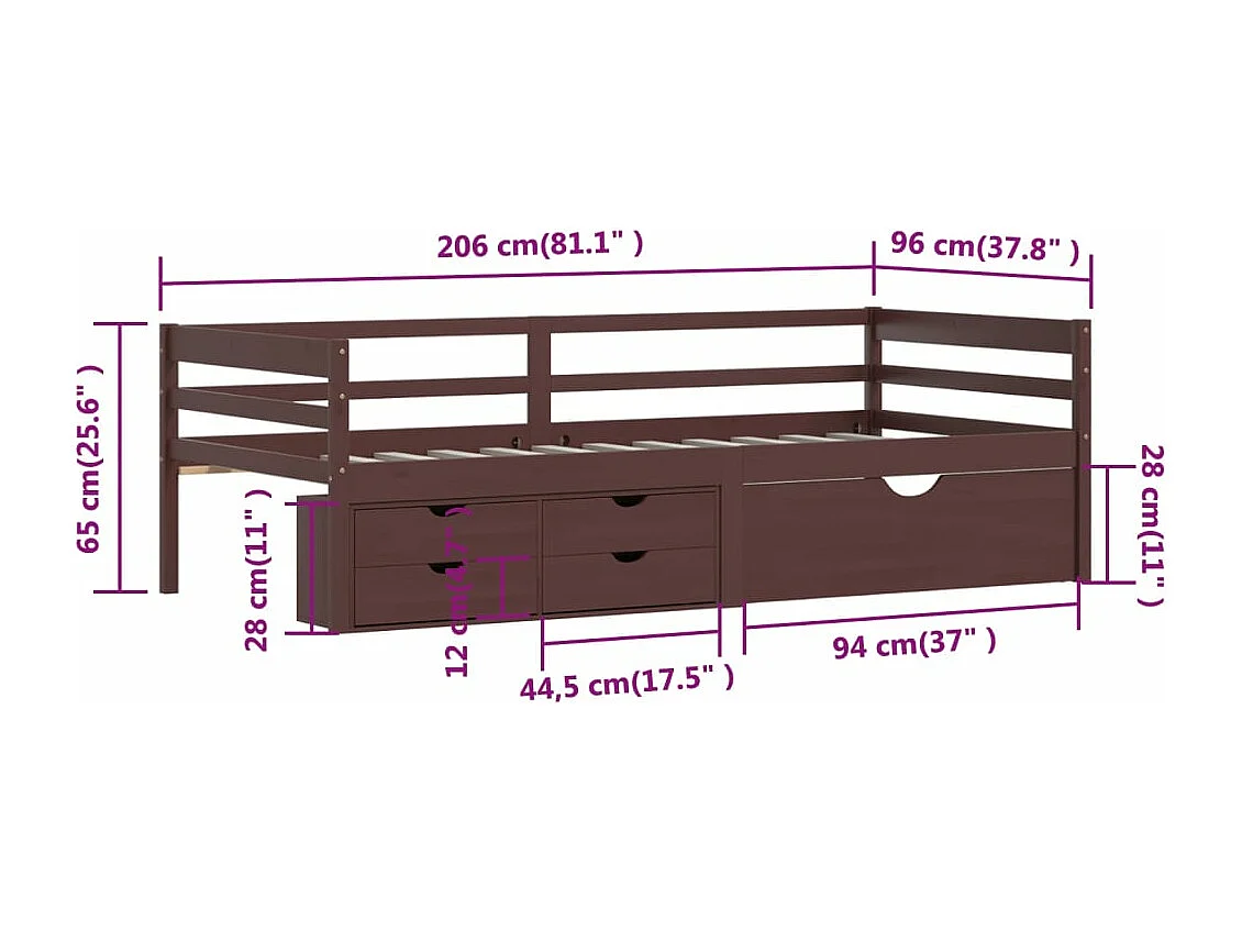 Cadre de lit avec tiroirs et armoire Marron foncé Pin 90x200 cm