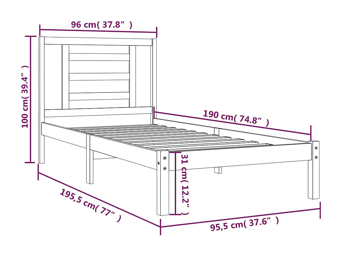 Estructura de cama individual madera maciza negra 90x190 cm