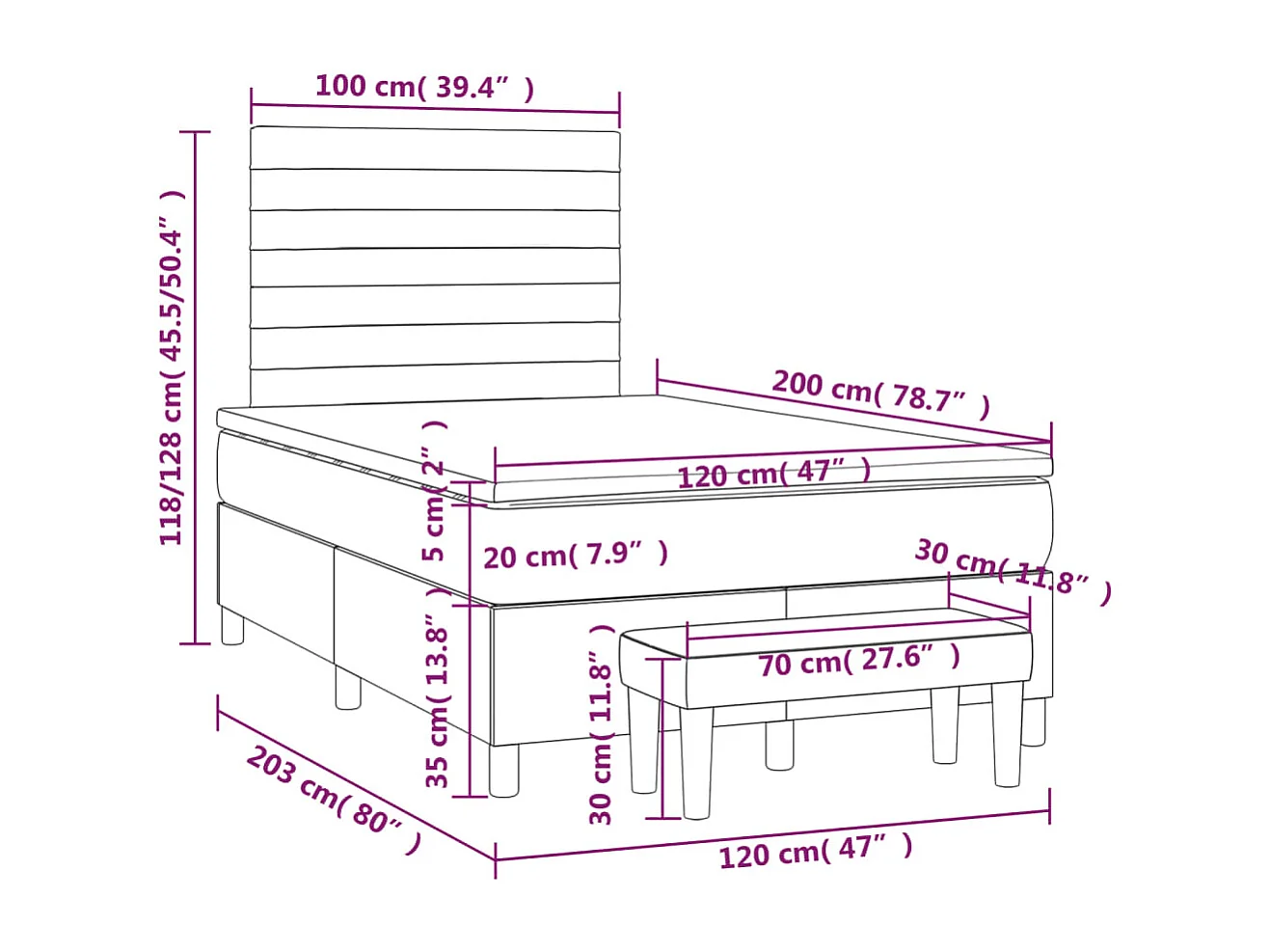 Cama box spring con colchón tela marrón oscuro 120x200 cm