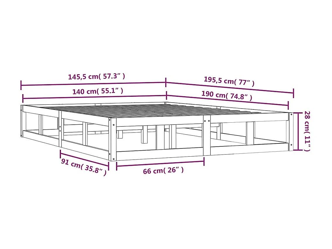 Estructura de cama doble de madera maciza 140x190 cm