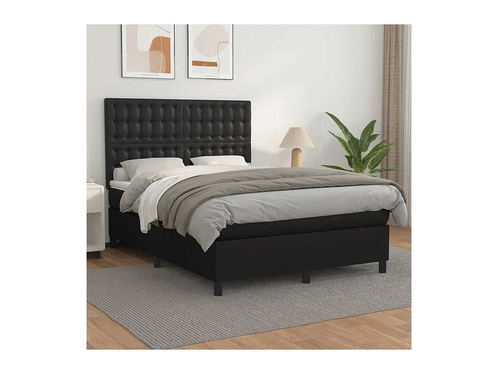 Cama box spring con colchón cuero sintético negro 140x190 cm