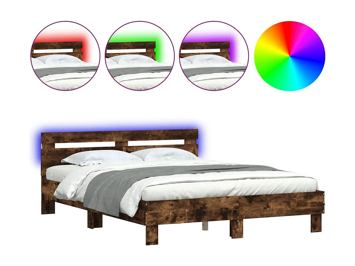 Estructura de cama cabecero y luces LED roble ahumado 140x190cm