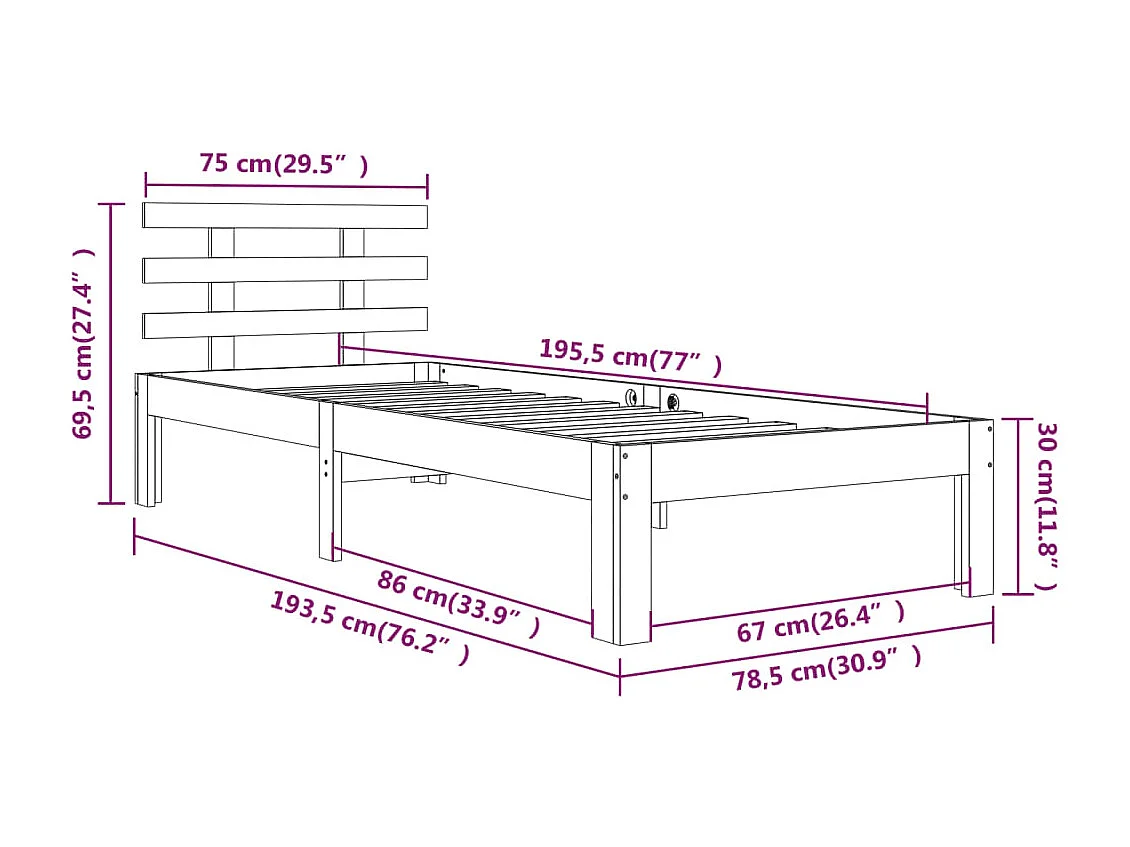 Cadre de lit Bois massif 75x190 cm Petit simple