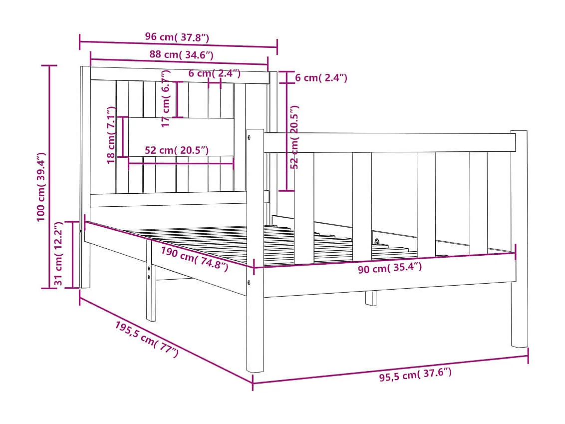 Estructura de cama individual madera maciza blanca 90x190 cm