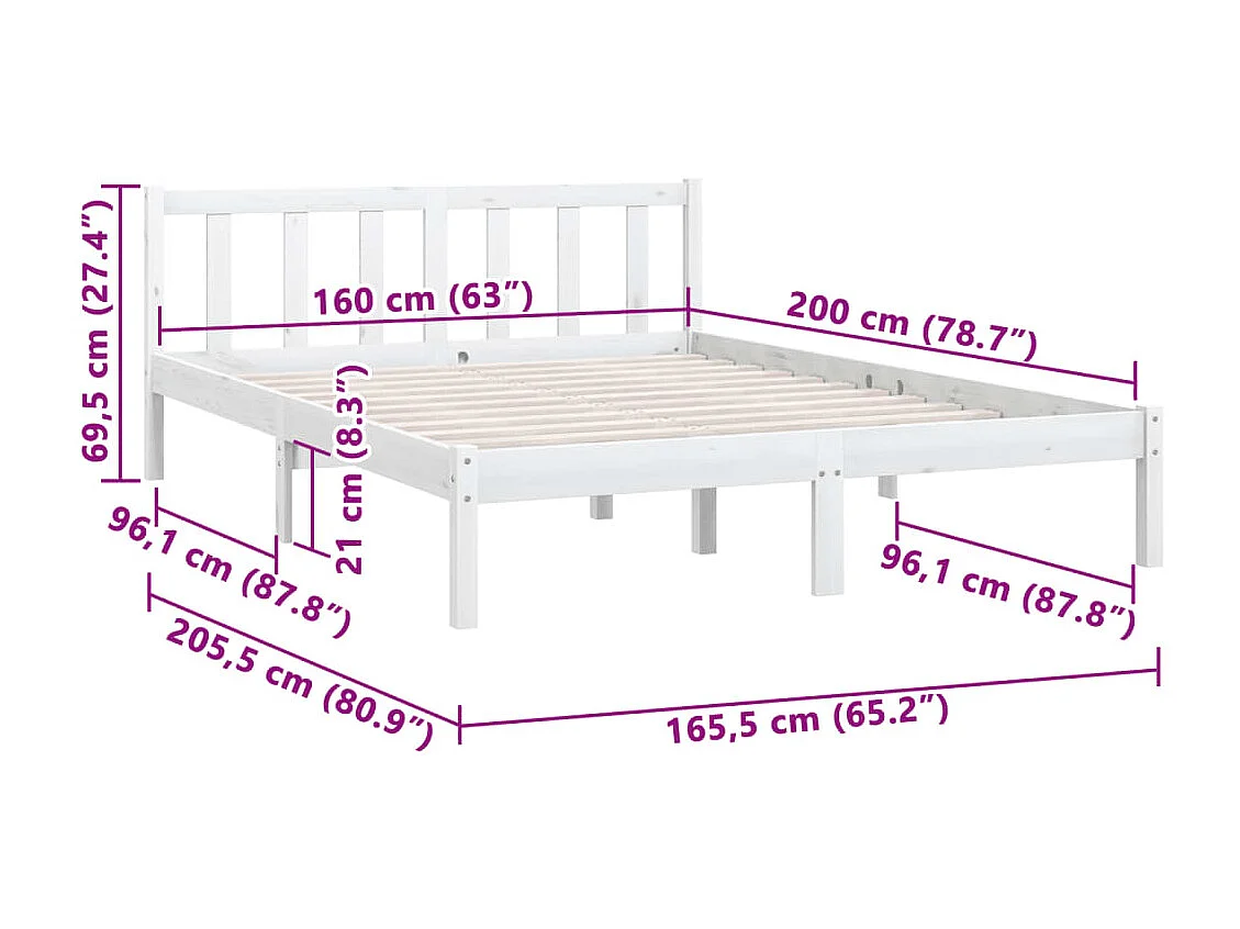 Estrutura de cama em pinho maciço 160x200 cm branco