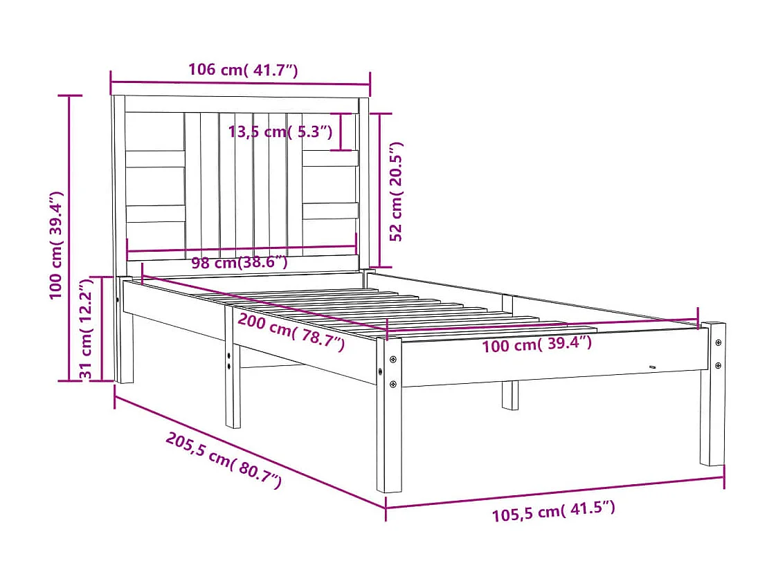 Cadre de lit Bois massif 100x200 cm