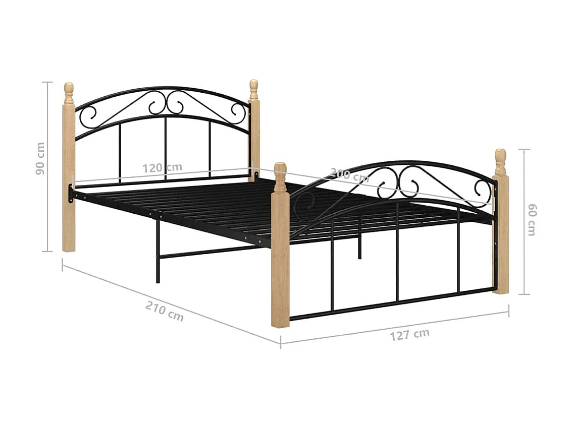Estrutura de cama 120x200cm metal/madeira carvalho maciça preto