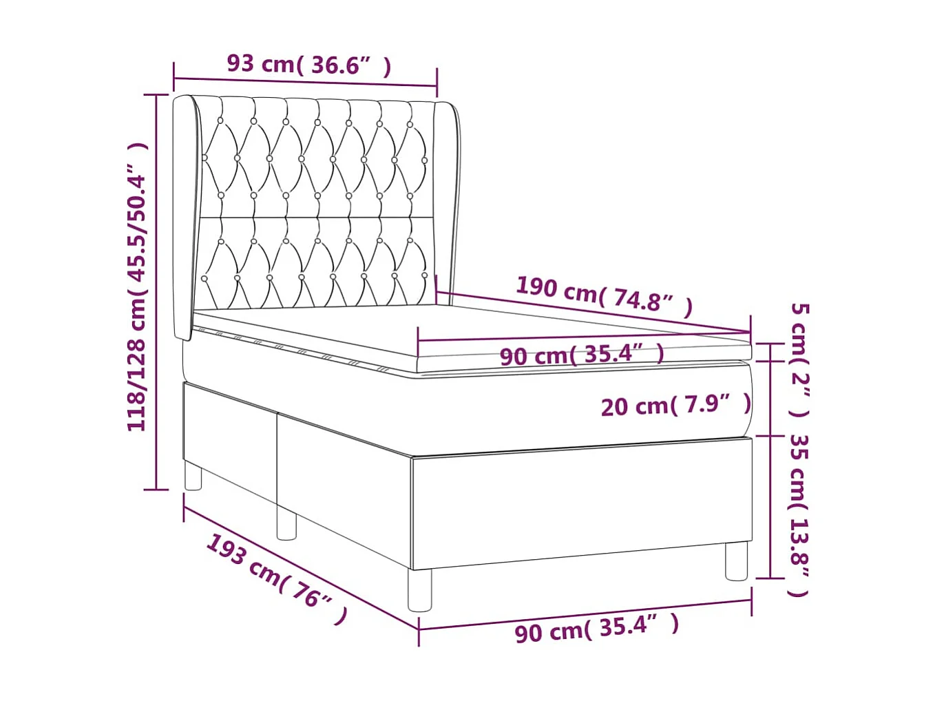Cama box spring con colchón tela azul 90x190 cm