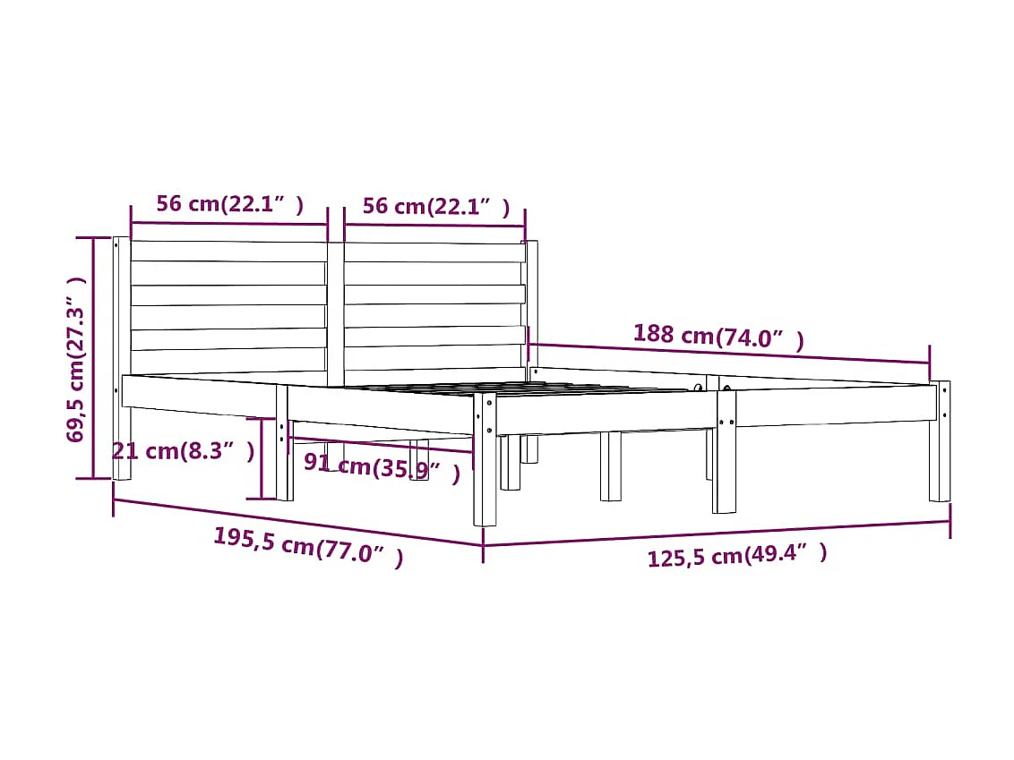 Estructura de cama madera maciza pino pequeña doble 120x190 cm