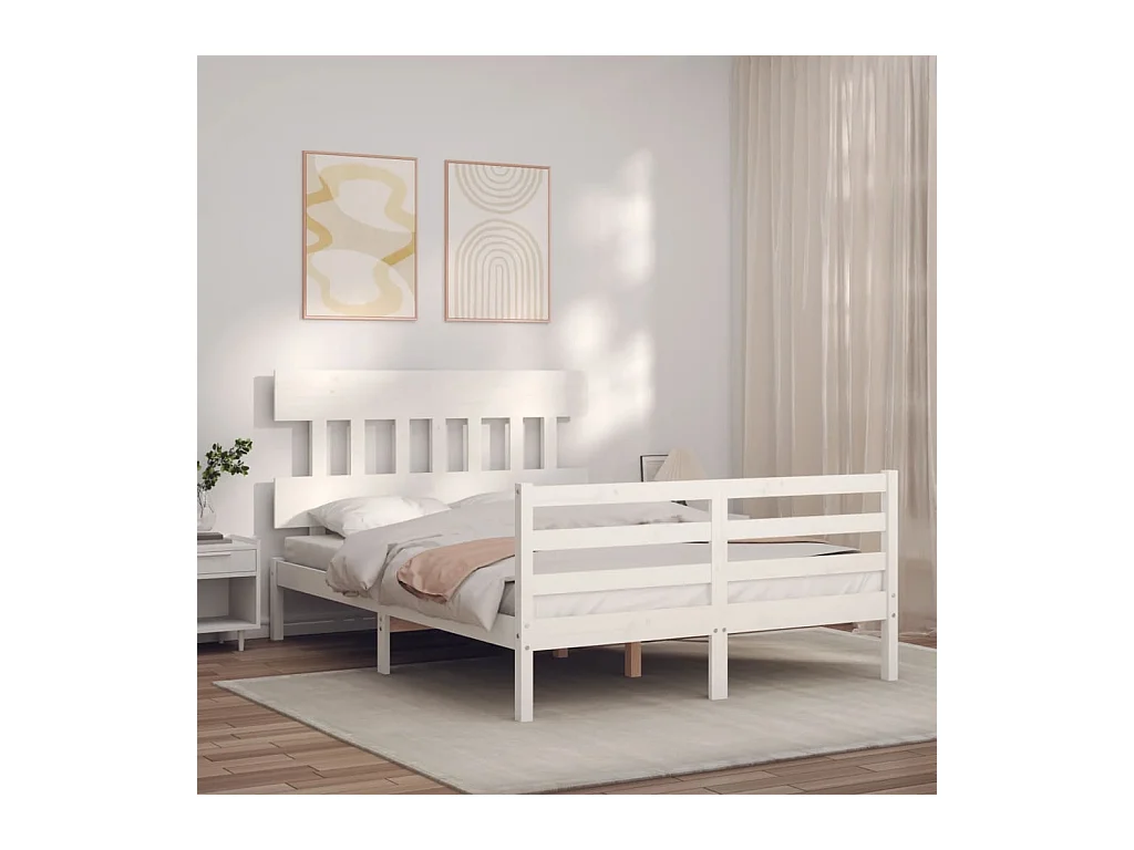 Estrutura de cama de casal c/ cabeceira madeira maciça branco