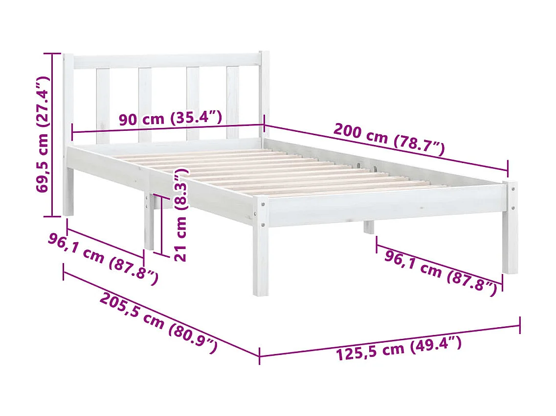 Estrutura de cama 90x200 cm pinho maciço branco
