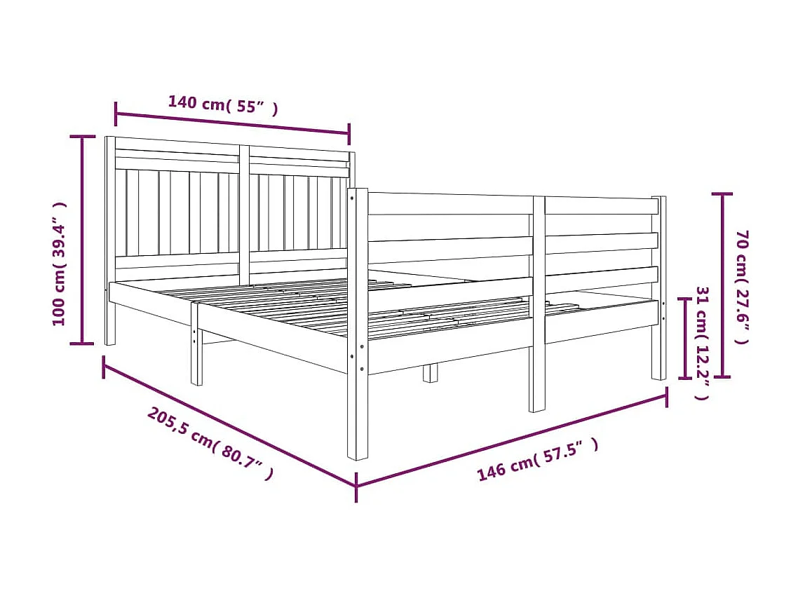 Estrutura de cama 140x200 cm madeira maciça branco