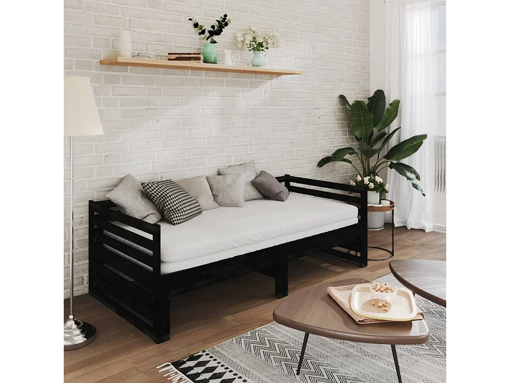 Lit coulissant Noir Bois de pin massif 2x(90x200) cm