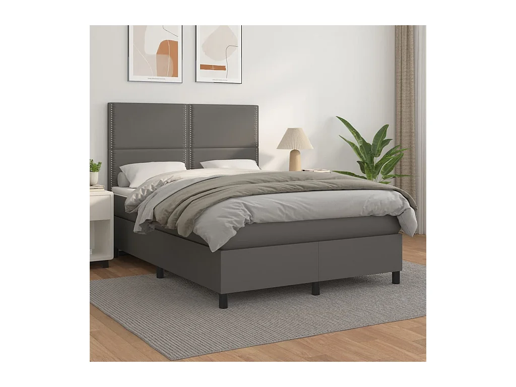 Cama box spring con colchón cuero sintético gris 140x200 cm