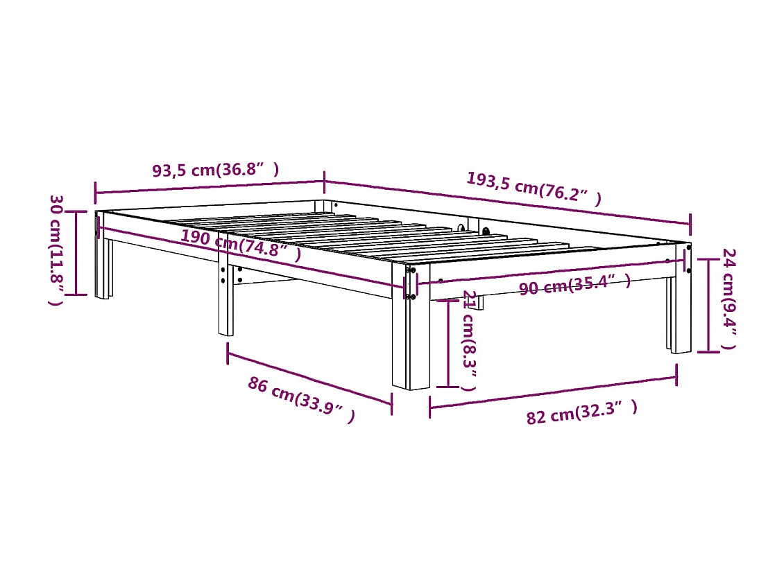 Cadre de lit Blanc Bois massif 90x190 cm Simple