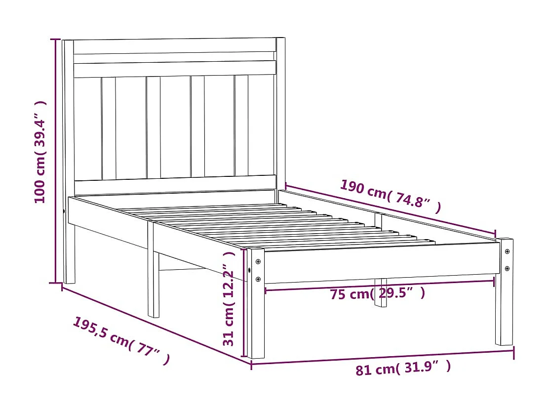 Cadre de lit Bois massif 75x190 cm Petit simple