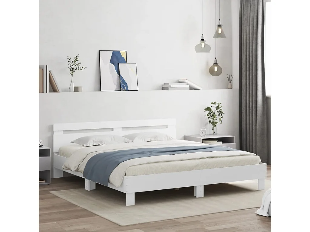 Cadre de lit avec tête de lit blanc 160x200cm bois d'ingénierie