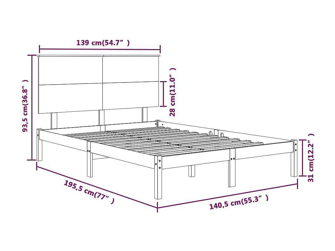Estrutura de cama dupla 135x190 cm madeira maciça branco
