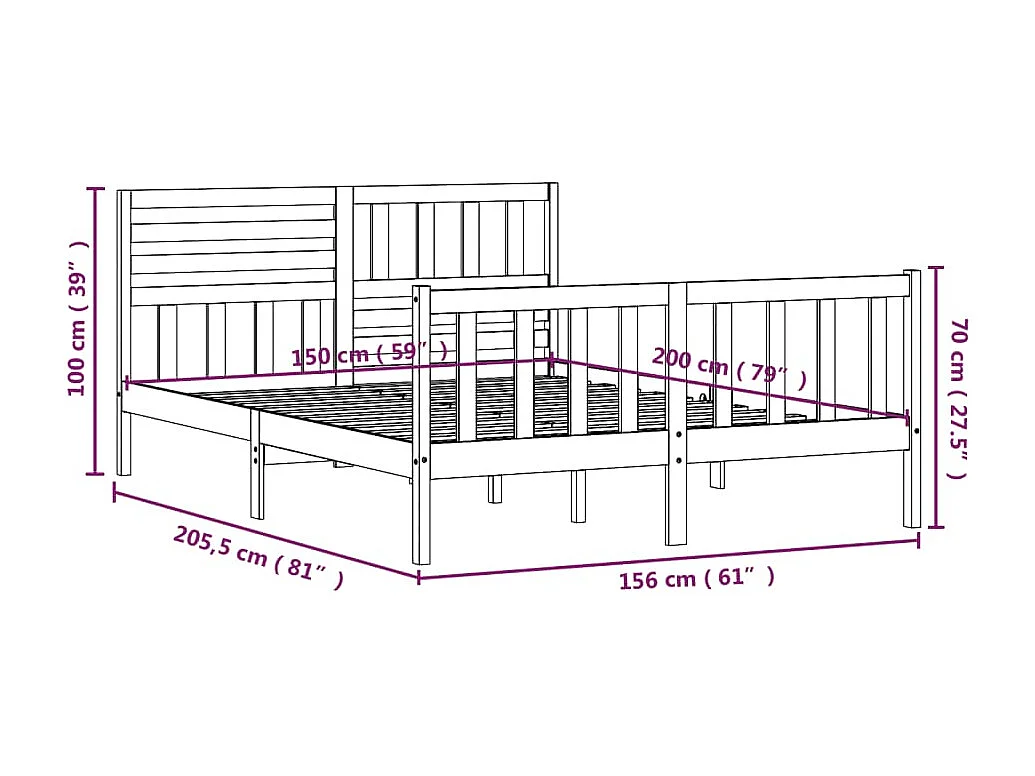 Cadre de lit Gris Bois massif 150x200 cm Très grand