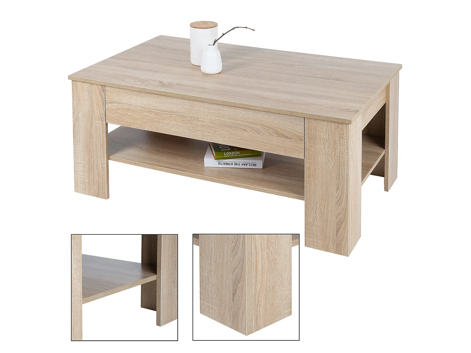 Mesa de centro roble sonoma 1 cajón y 1 estante grande ML-DESIGN