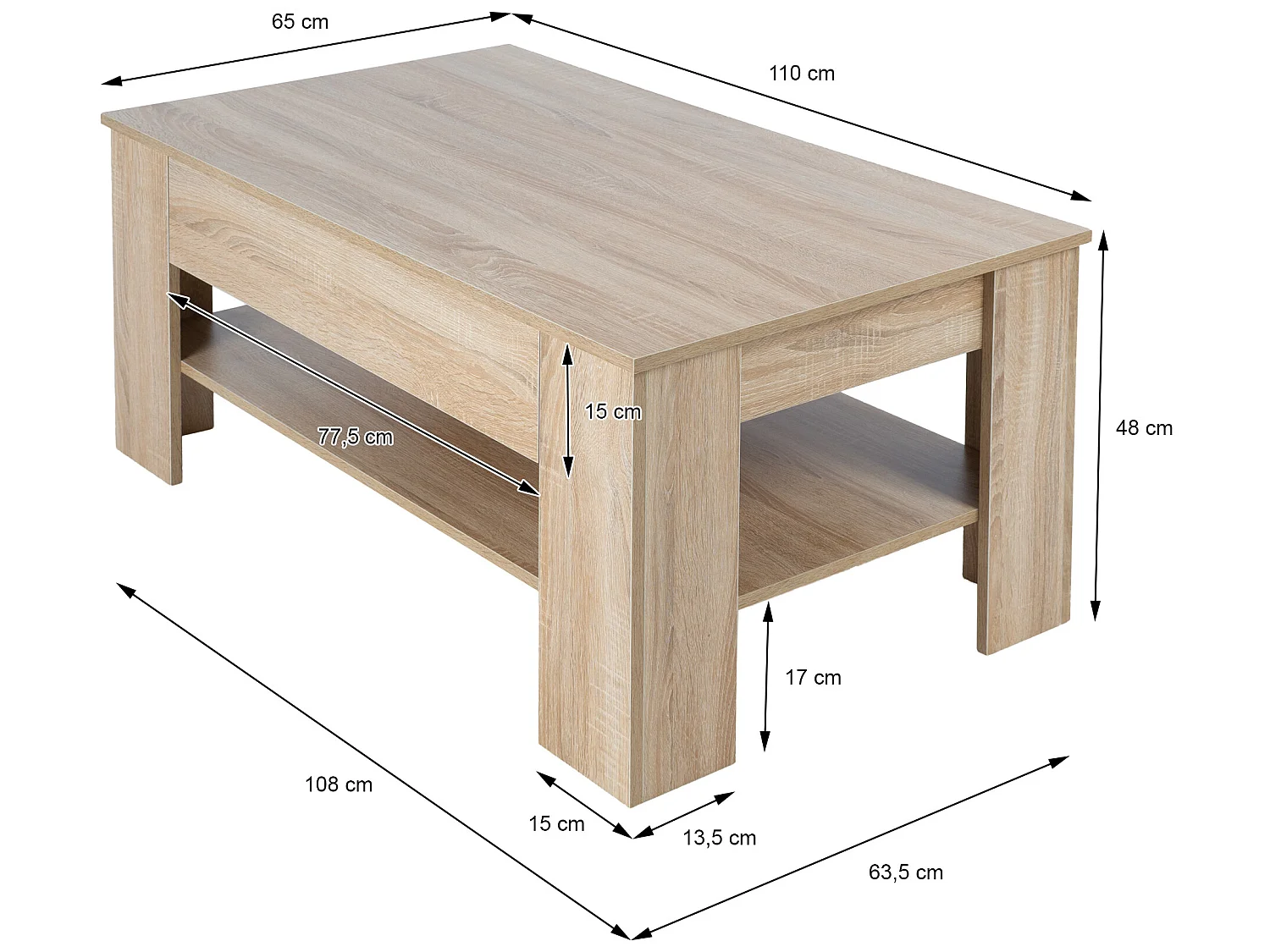 Mesa de centro roble sonoma 1 cajón y 1 estante grande ML-DESIGN
