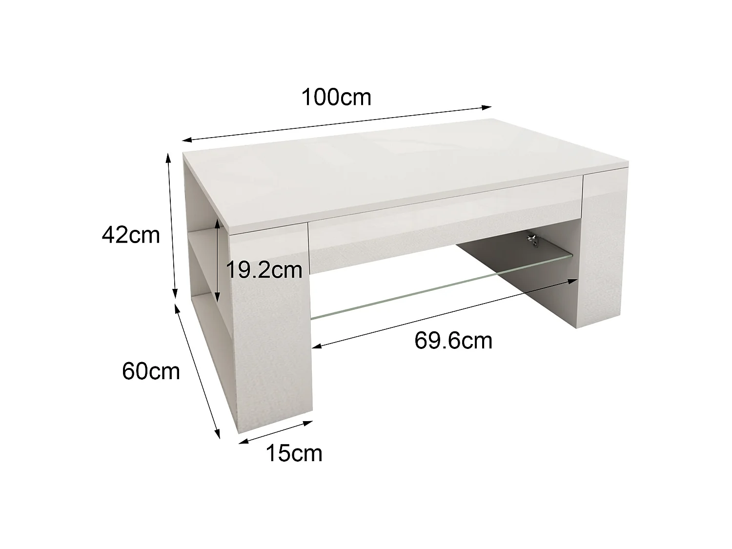 Tavolino con ripiano in vetro, bianco opaco/lucido 100x42x60 cm ML-DESIGN