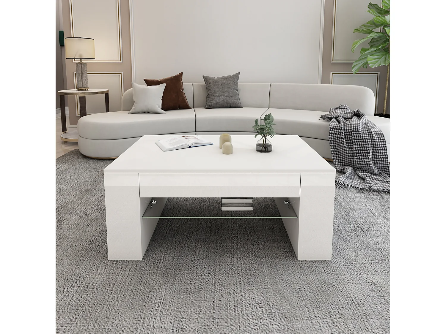 Tavolino con ripiano in vetro, bianco opaco/lucido 100x42x60 cm ML-DESIGN