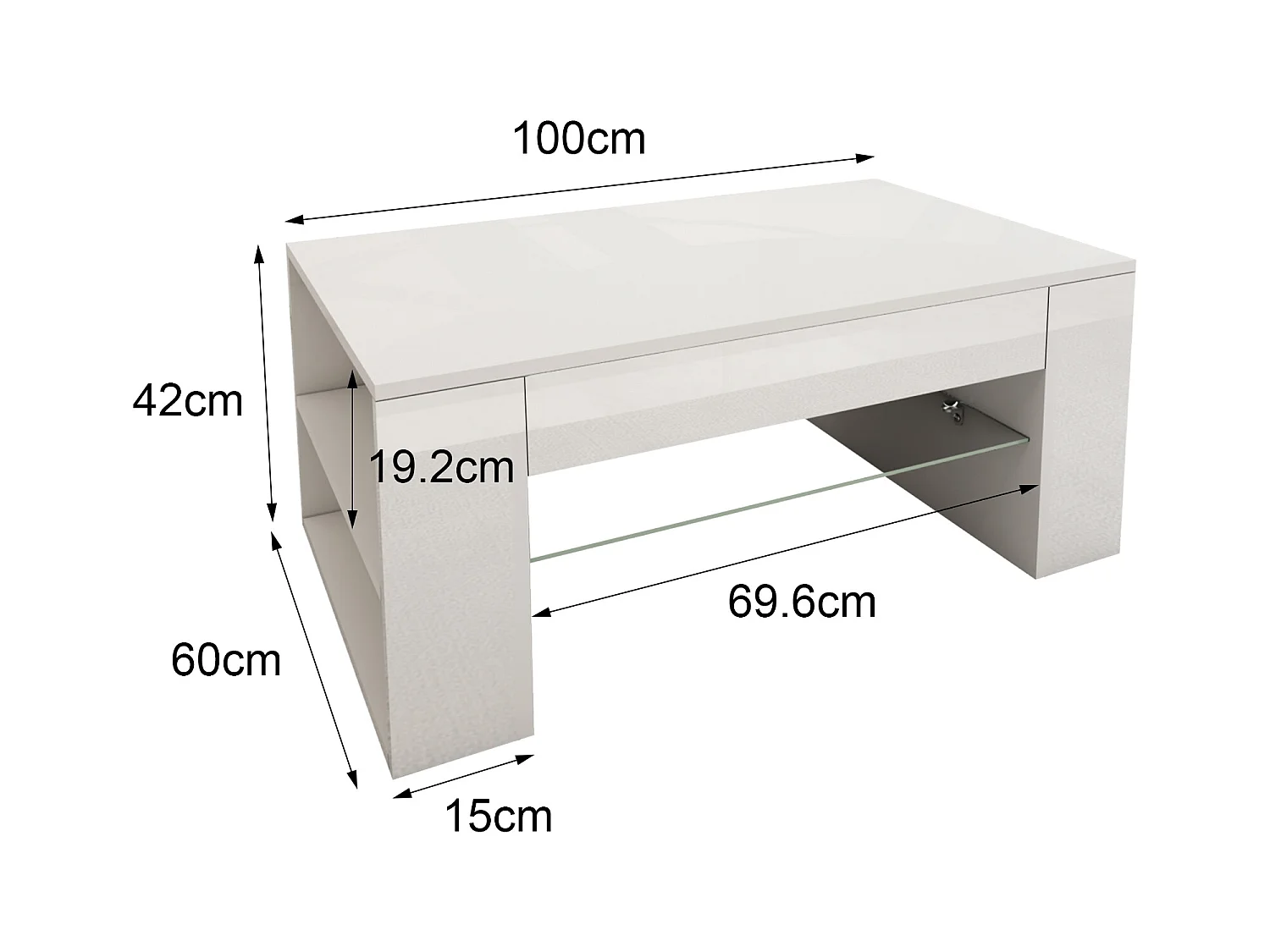 Tavolino con ripiano in vetro, bianco opaco/lucido 100x42x60 cm ML-DESIGN