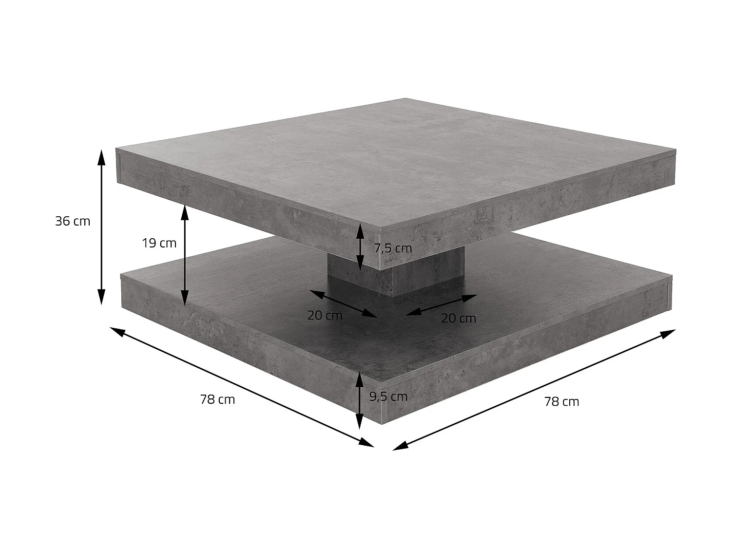 Table basse carrée pivotante 360° gris béton 78 x 78 x 36 cm ML-DESIGN