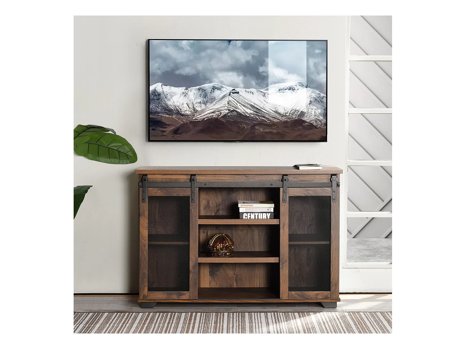 Meuble TV droit en bois noyer massif avec 7 niches et 2 portes NEWBARN