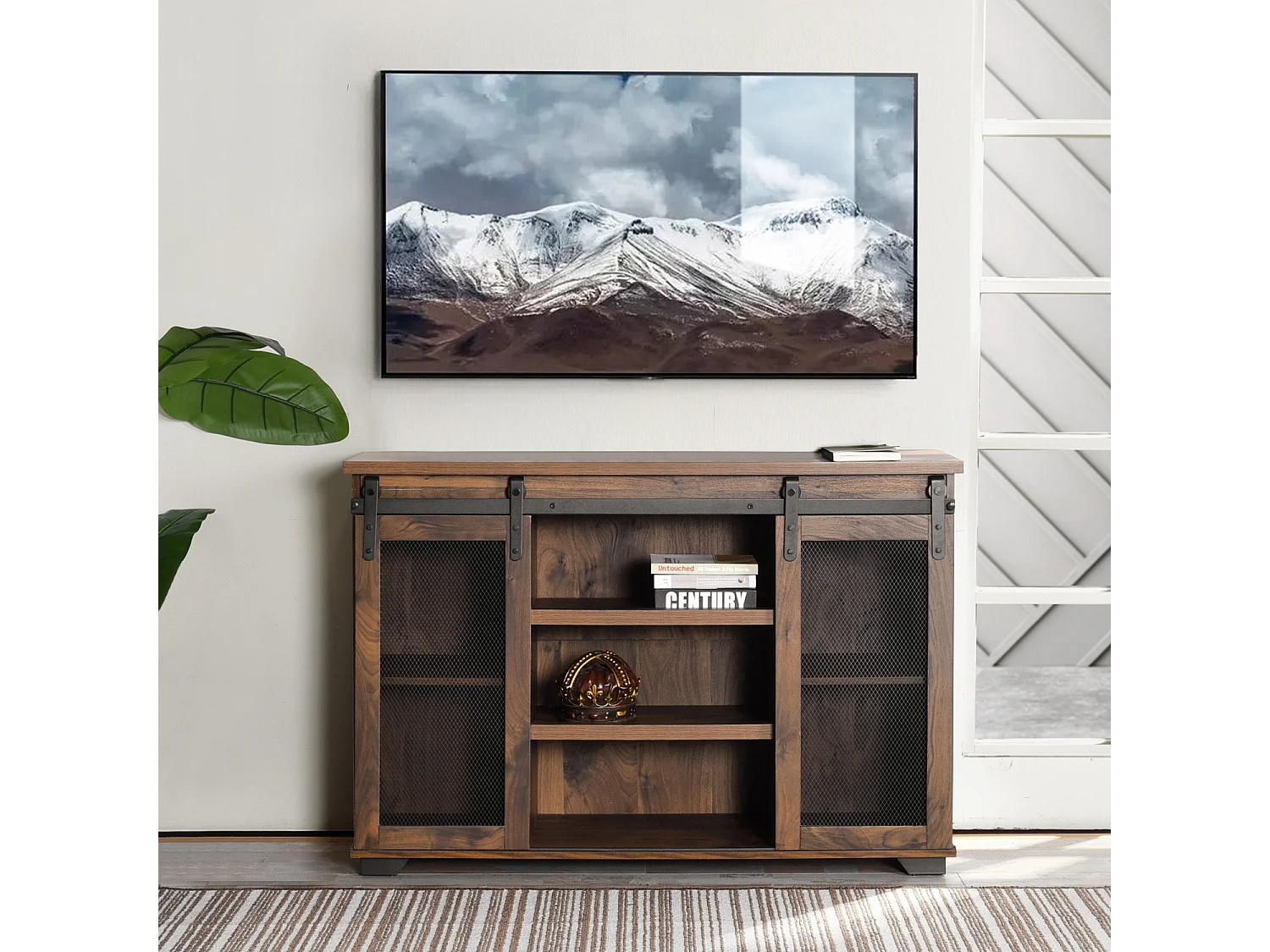 Meuble TV droit en bois noyer massif avec 7 niches et 2 portes NEWBARN