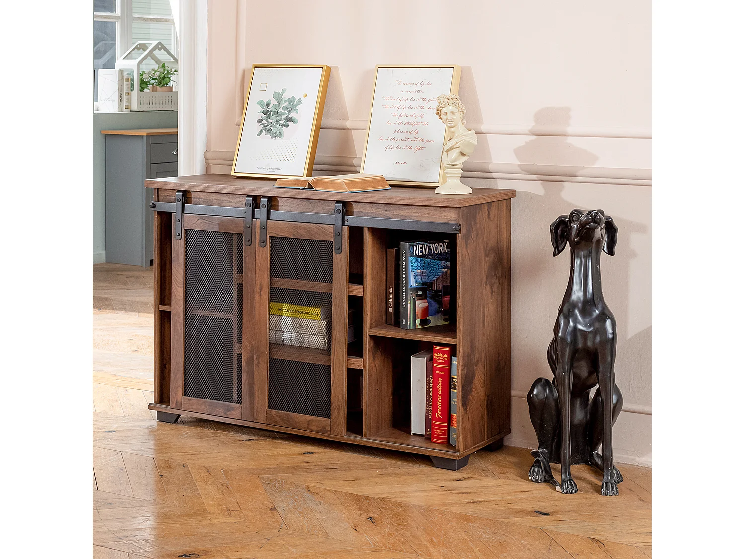 Meuble TV droit en bois noyer massif avec 7 niches et 2 portes NEWBARN