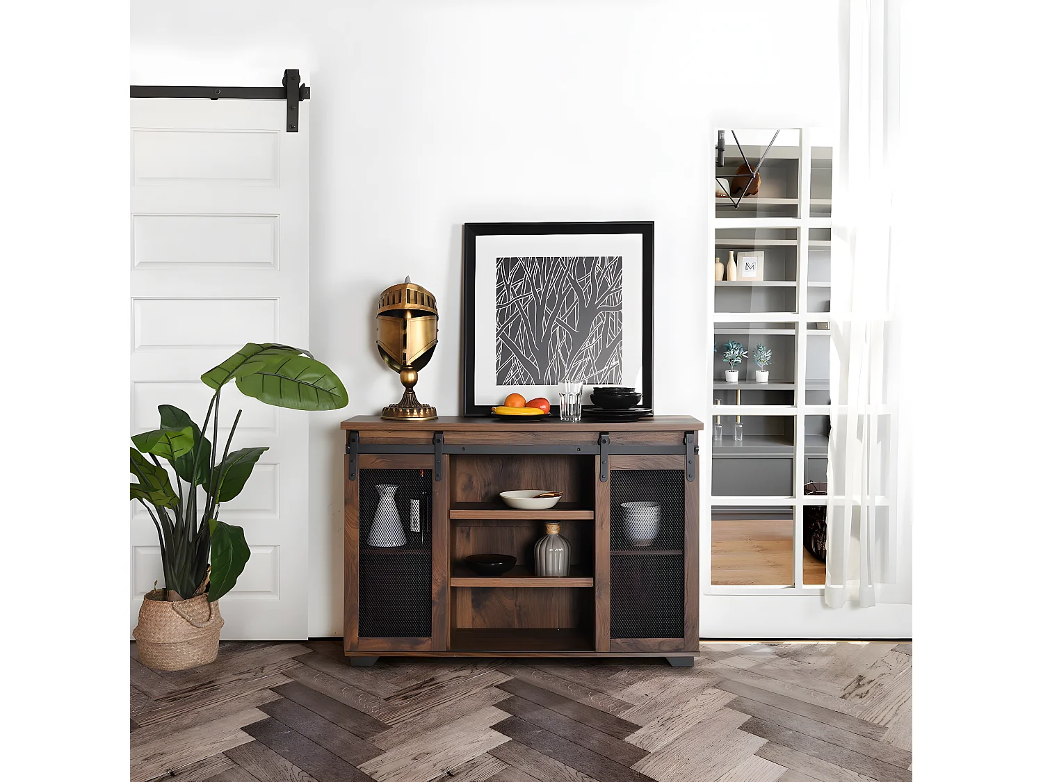 Meuble TV droit en bois noyer massif avec 7 niches et 2 portes NEWBARN