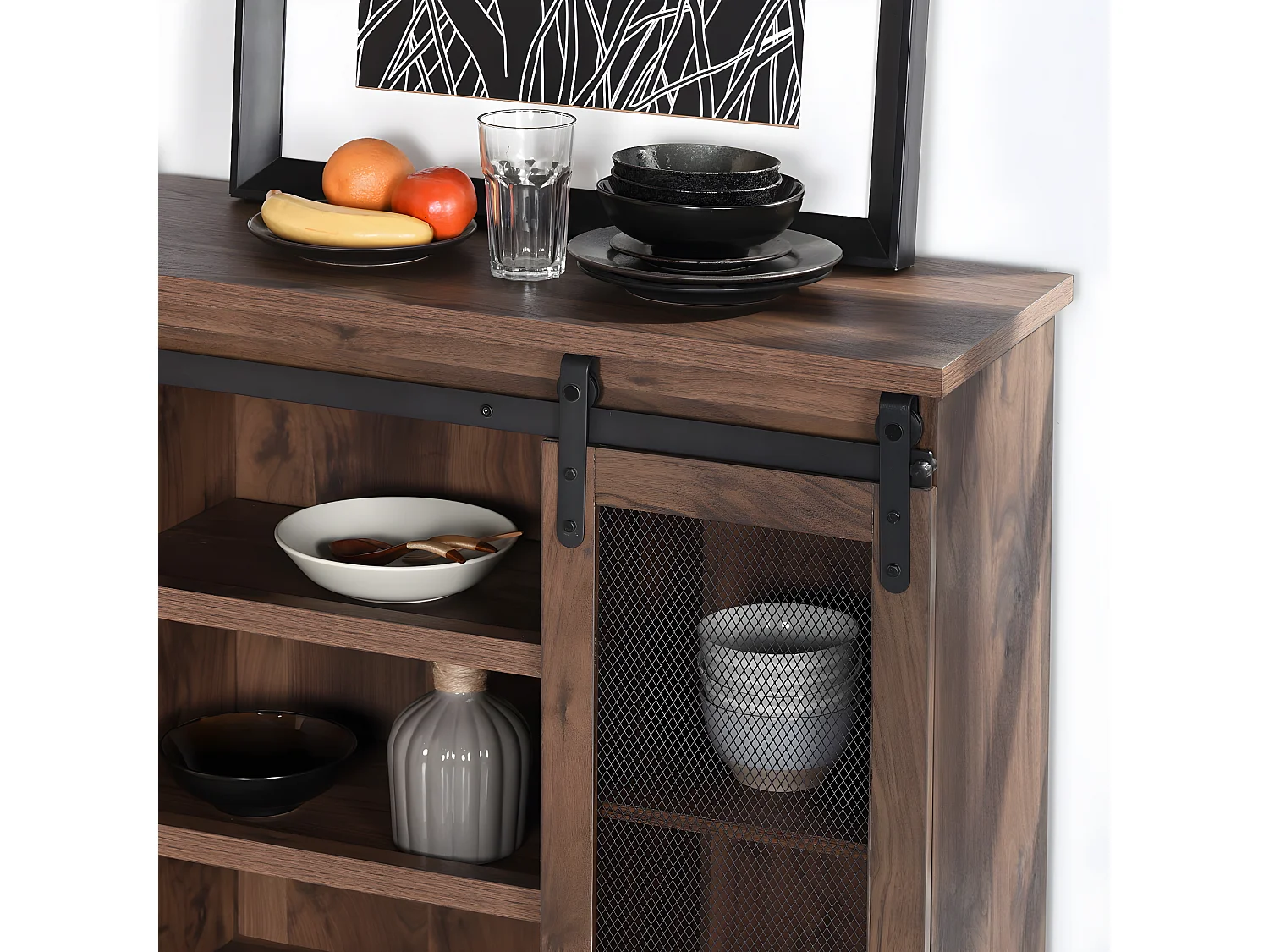 Meuble TV droit en bois noyer massif avec 7 niches et 2 portes NEWBARN