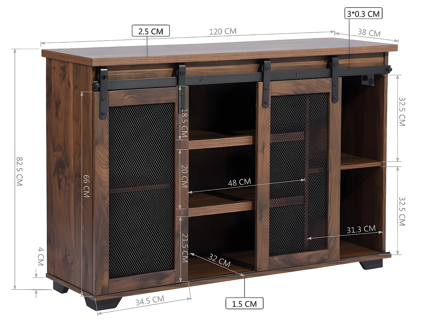 Meuble TV droit en bois noyer massif avec 7 niches et 2 portes NEWBARN