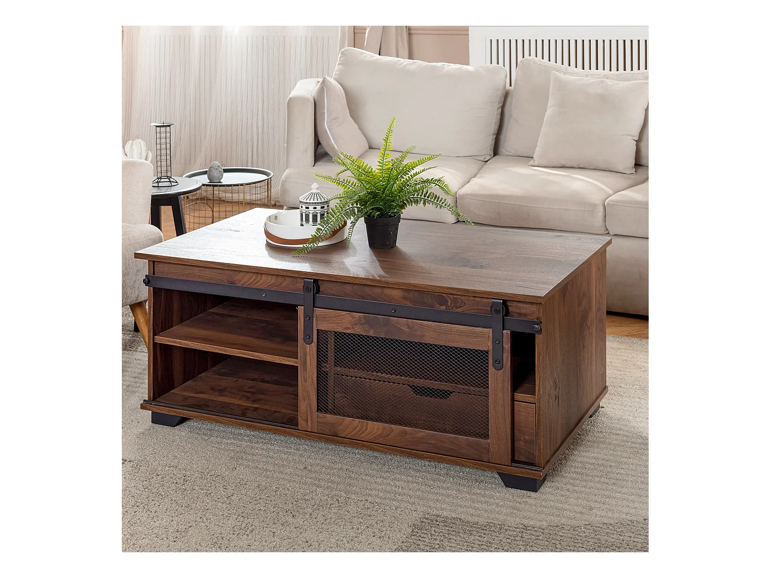 Table basse bois noyer avec 1 tiroir et 3 niches NEWBARN