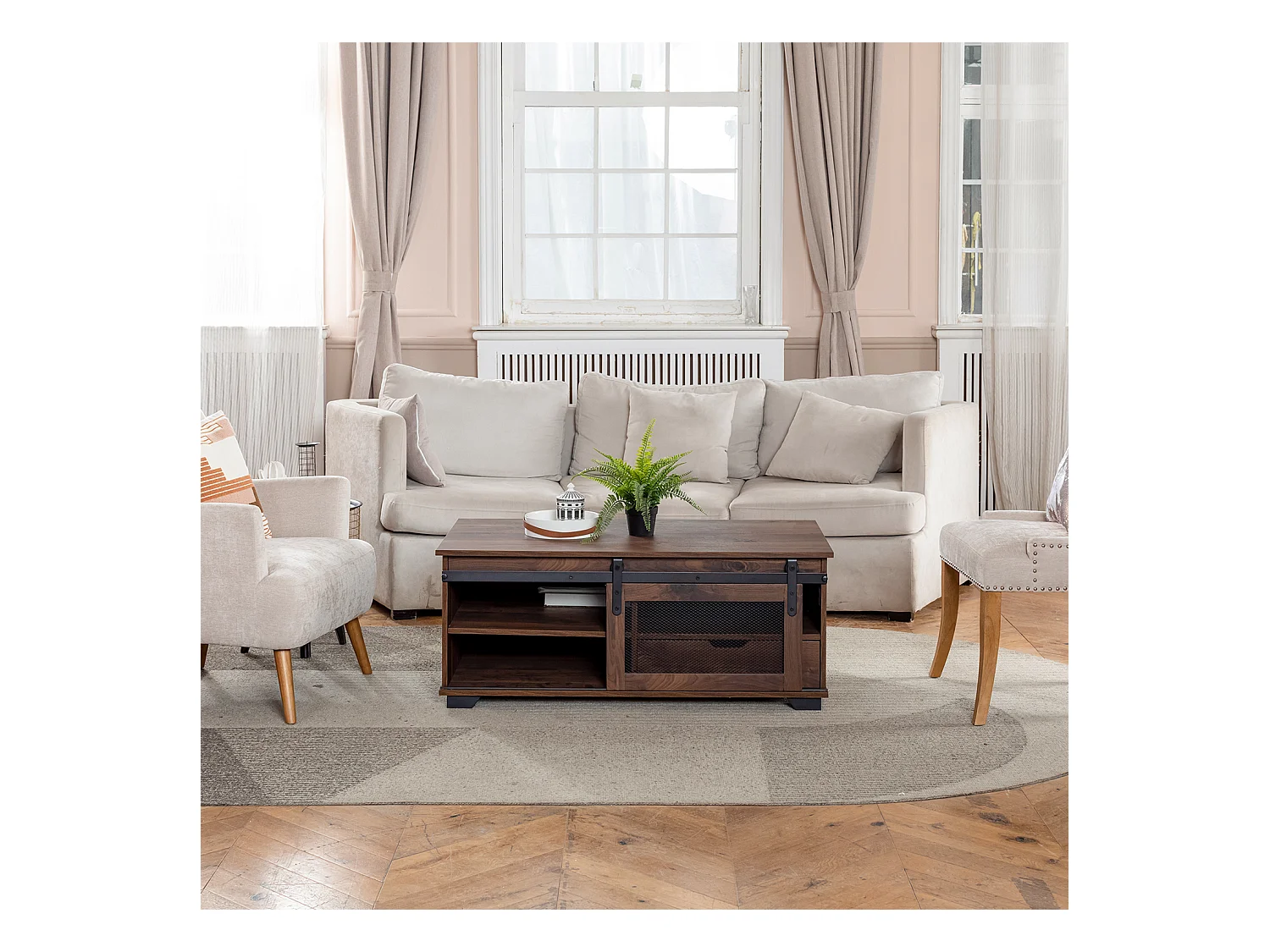 Table basse bois noyer avec 1 tiroir et 3 niches NEWBARN