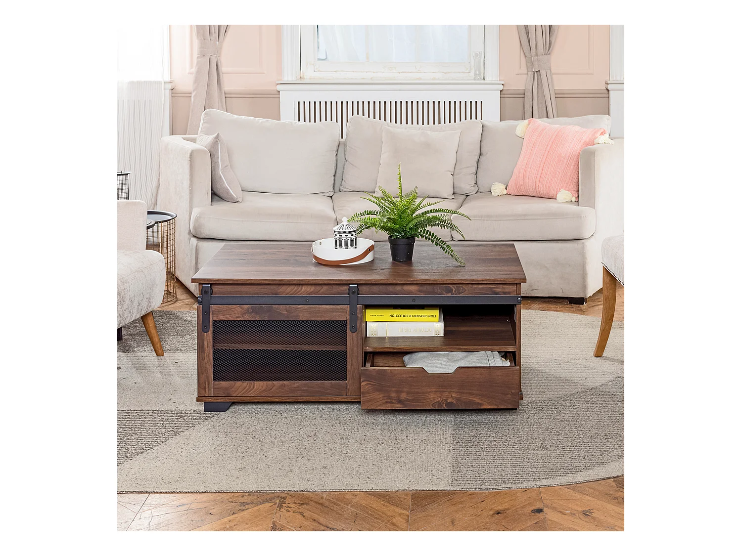 Table basse bois noyer avec 1 tiroir et 3 niches NEWBARN