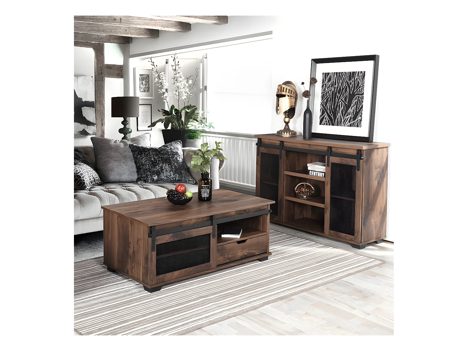 Table basse bois noyer avec 1 tiroir et 3 niches NEWBARN