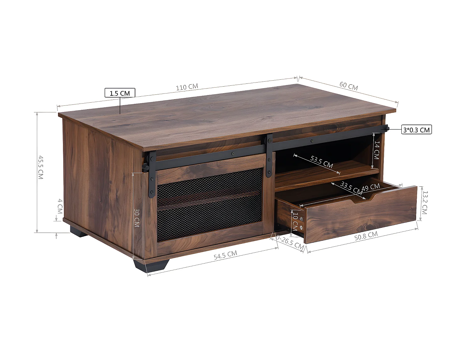 Table basse bois noyer avec 1 tiroir et 3 niches NEWBARN