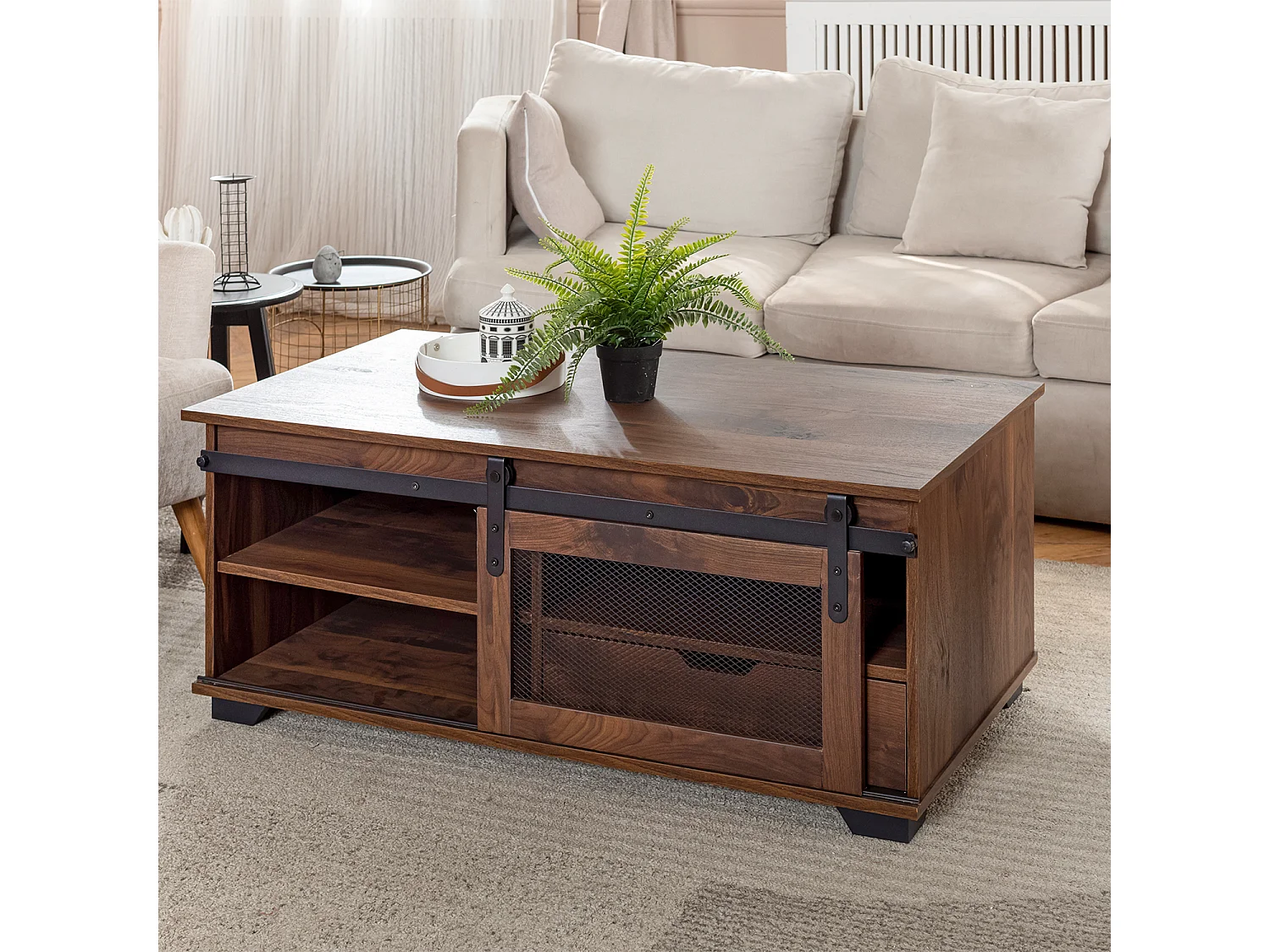 Table basse bois noyer avec 1 tiroir et 3 niches NEWBARN