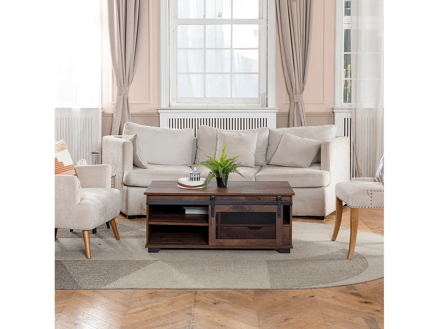 Table basse bois noyer avec 1 tiroir et 3 niches NEWBARN