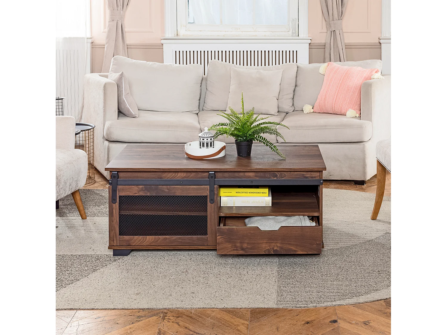 Table basse bois noyer avec 1 tiroir et 3 niches NEWBARN
