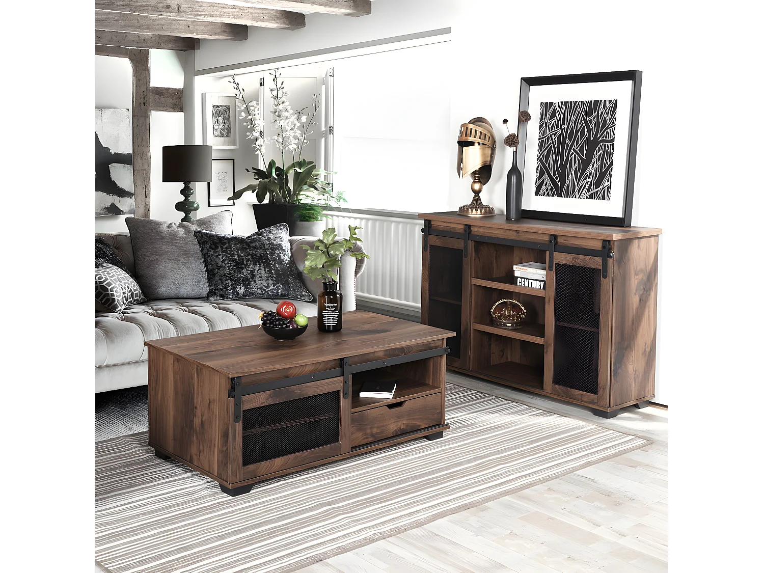 Table basse bois noyer avec 1 tiroir et 3 niches NEWBARN