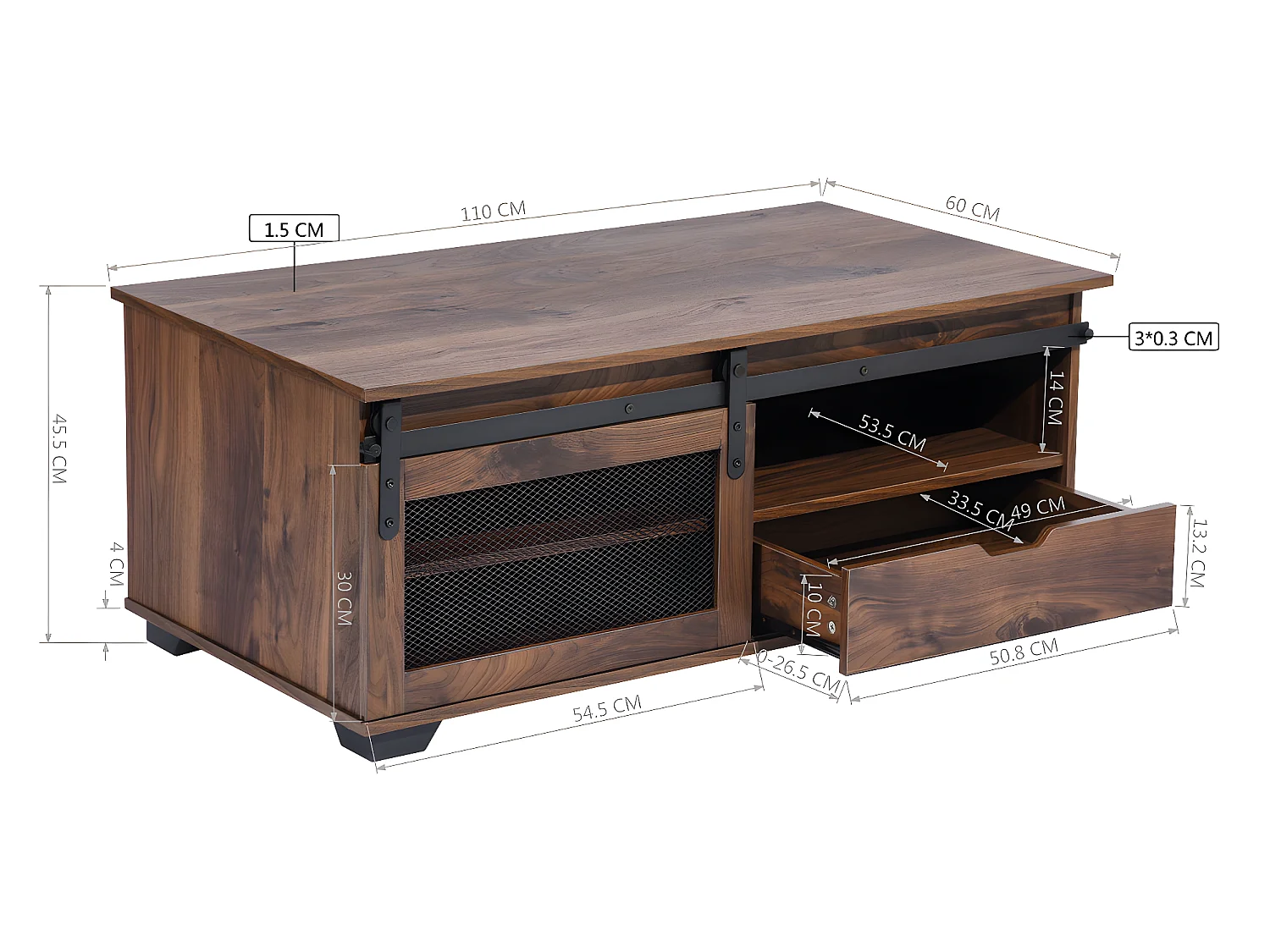 Table basse bois noyer avec 1 tiroir et 3 niches NEWBARN